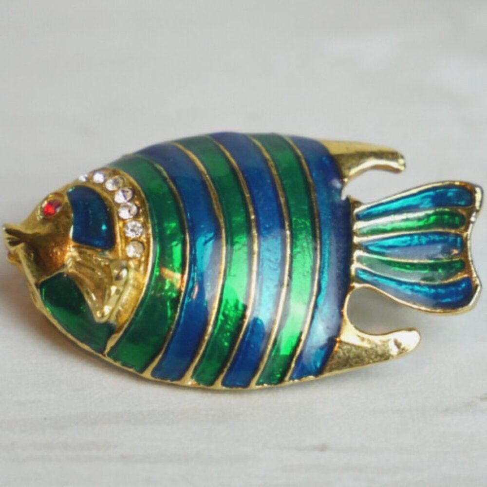 Vintage Enamel Rhinestones Tropical Fish Brooch Pin Metal